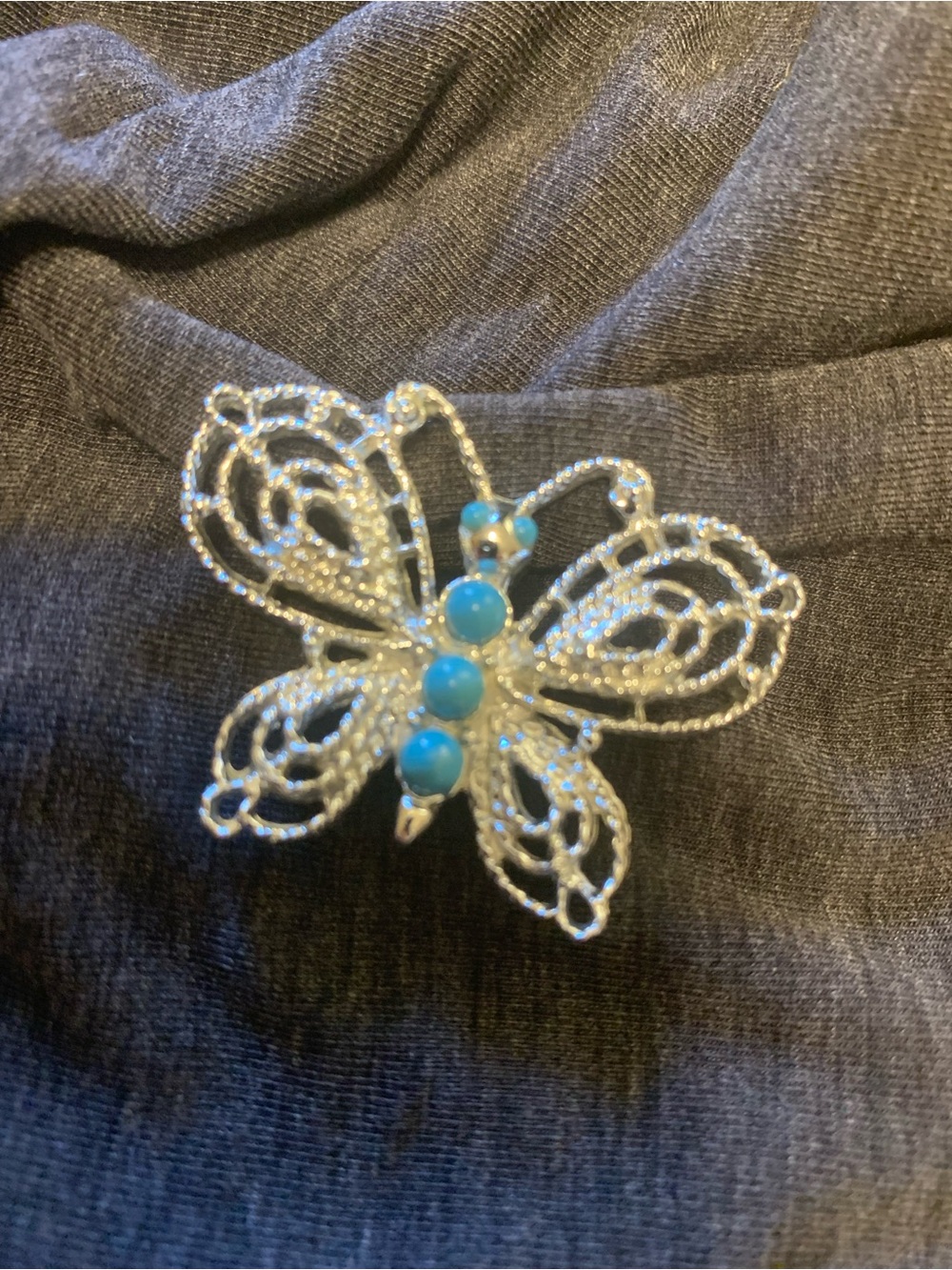 Silver Butterfly Brooch with Turquoise Beads - Women's Jewelry